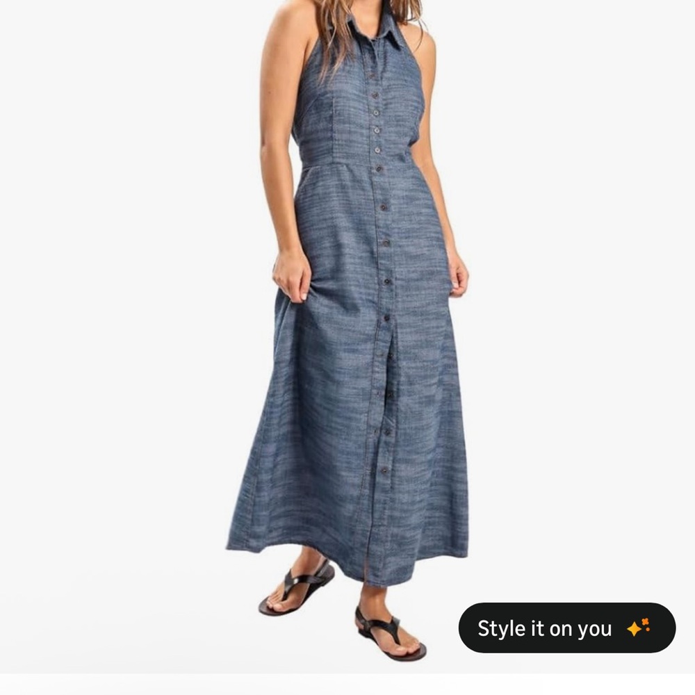 Amazhiyu Women's Linen Button Down Elastic A-Line Maxi Dress Backless